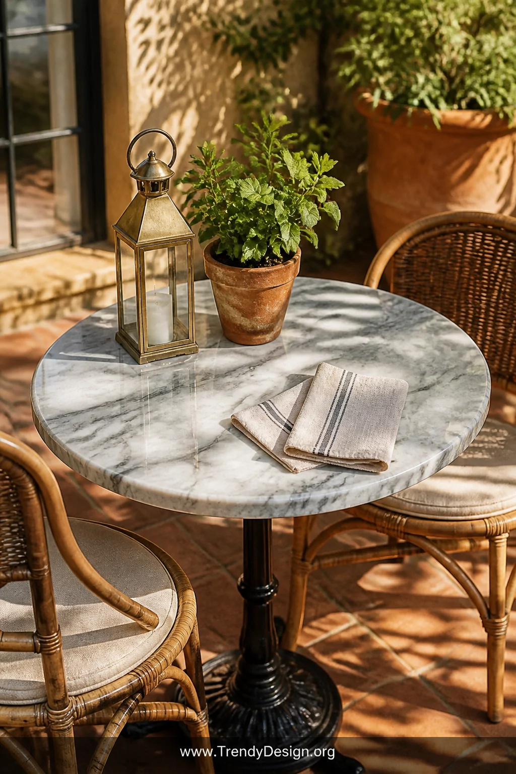 Medium outdoor patio shot of a round bistro table topped with a smooth grey and white veined marble slab, styled with a brass