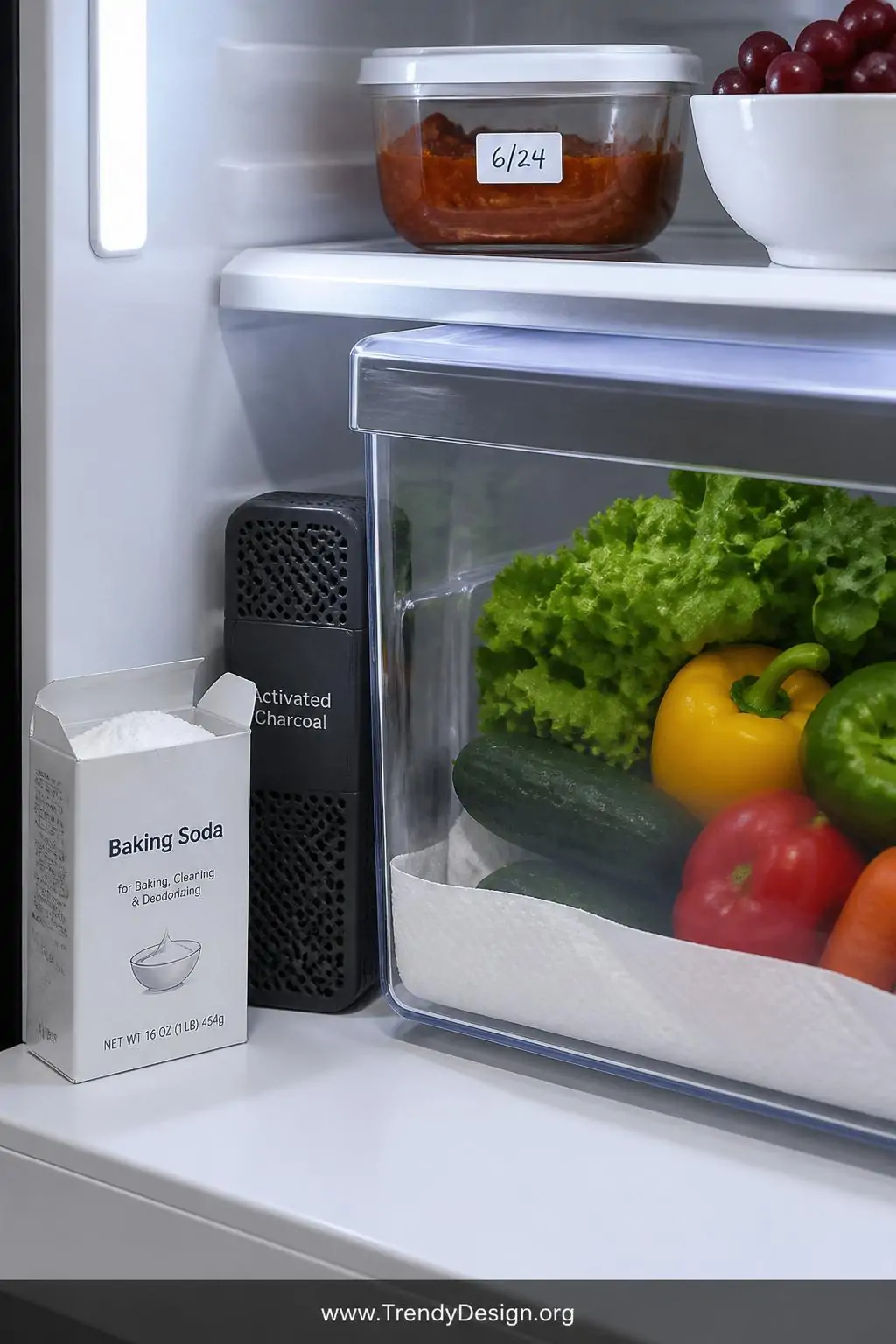 A styled closeup of the bottom corner of a refrigerator interior where a small white open baking soda box sits beside a sleek