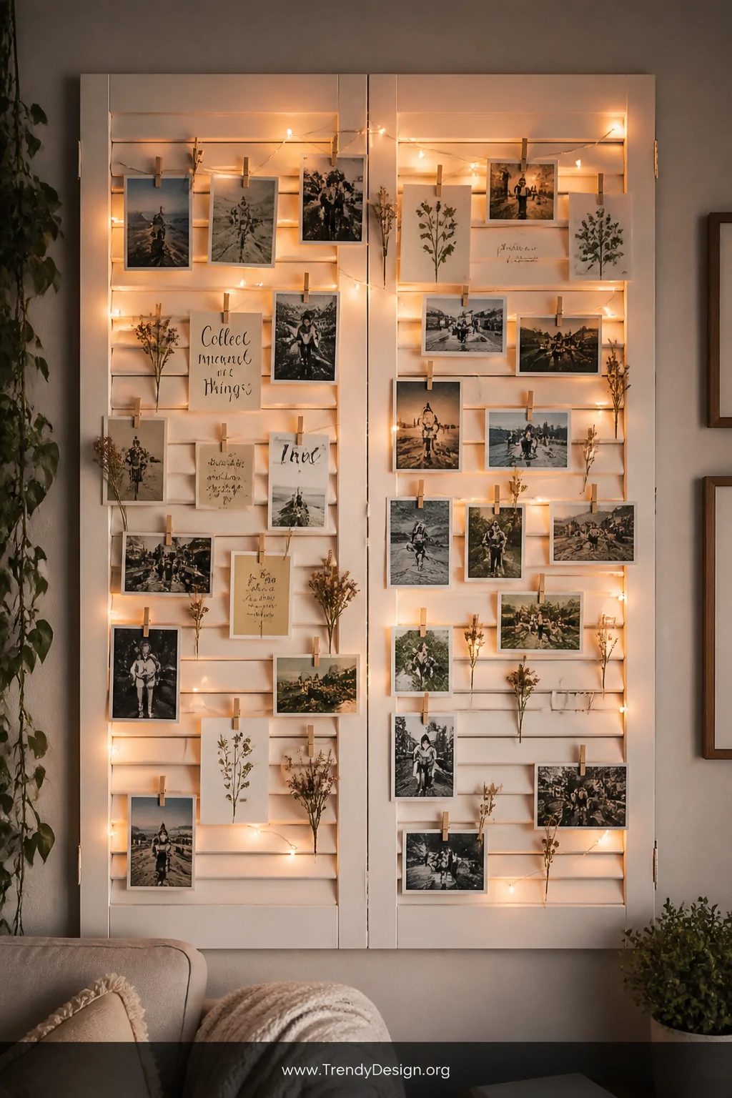 Wide wall shot of a louvered door painted crisp white and hung flat as a photo display, warm LED string lights woven through 