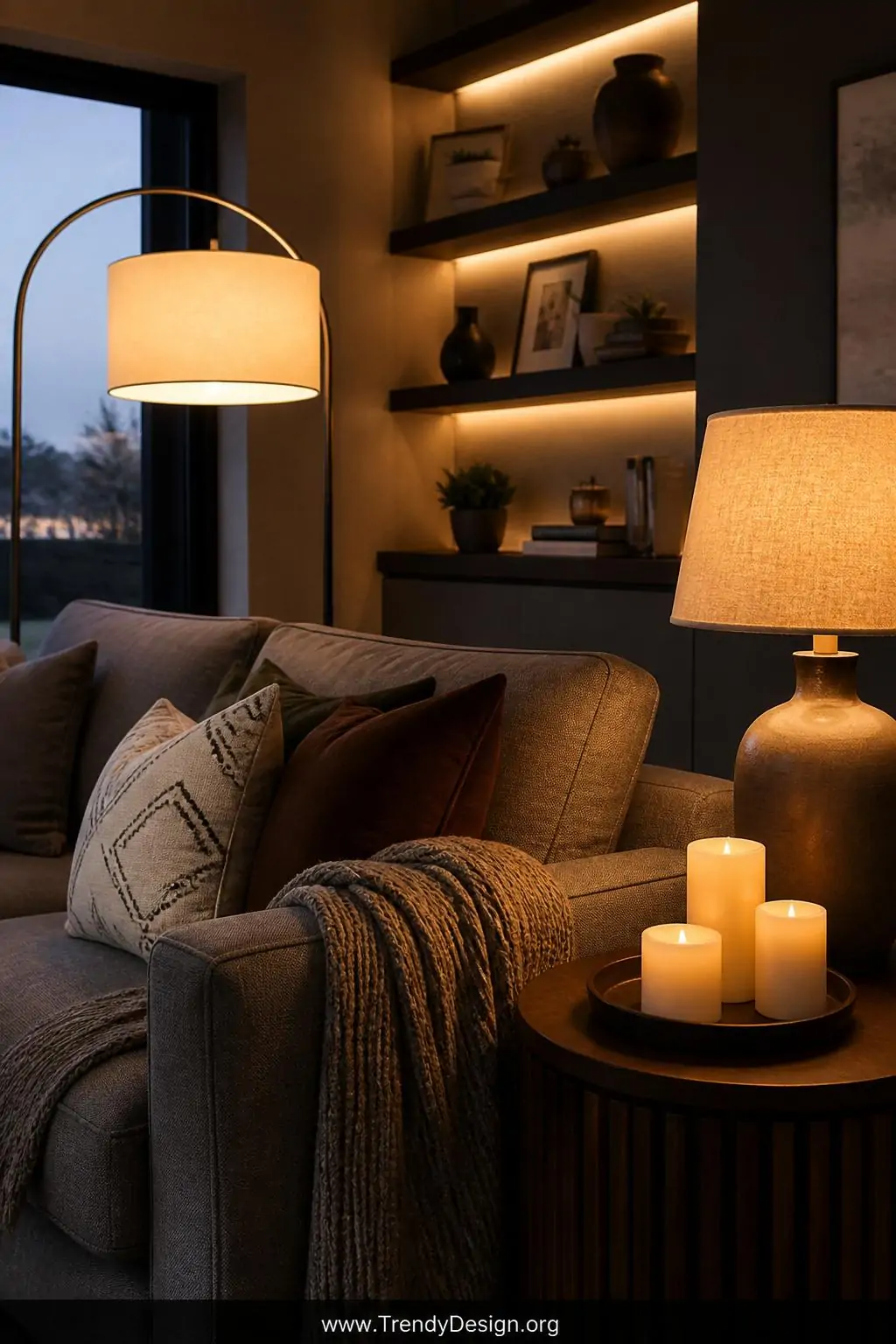 Closeup photorealistic interior design shot of a moody, intimate family room corner at dusk featuring a gray couch bathed in 