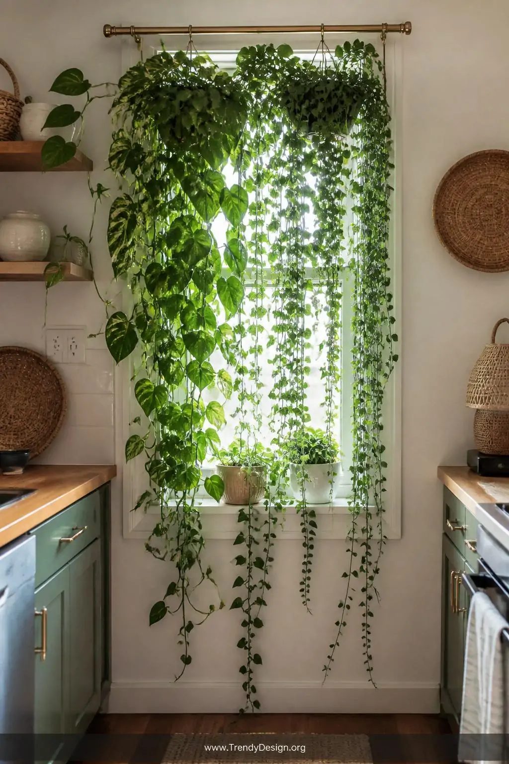 Wide shot of a narrow kitchen window transformed by lush trailing pothos and string of hearts plants hanging from a slim bras