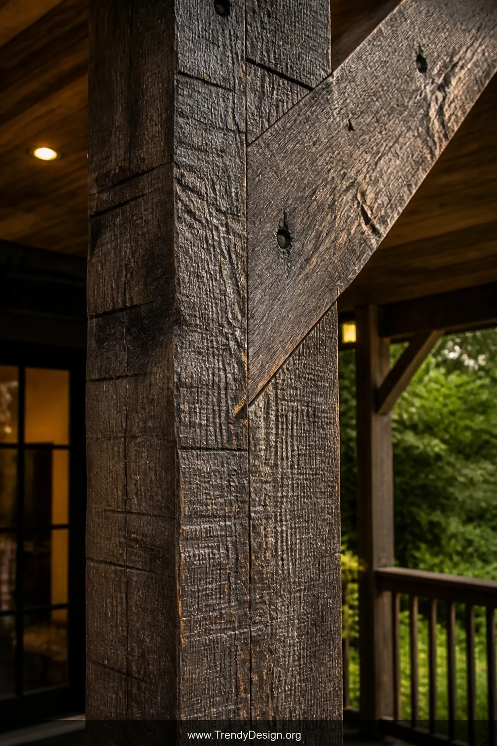 Closeup detail shot of a front porch structural beam crafted from heavily textured reclaimed barn wood, deep grey and weather