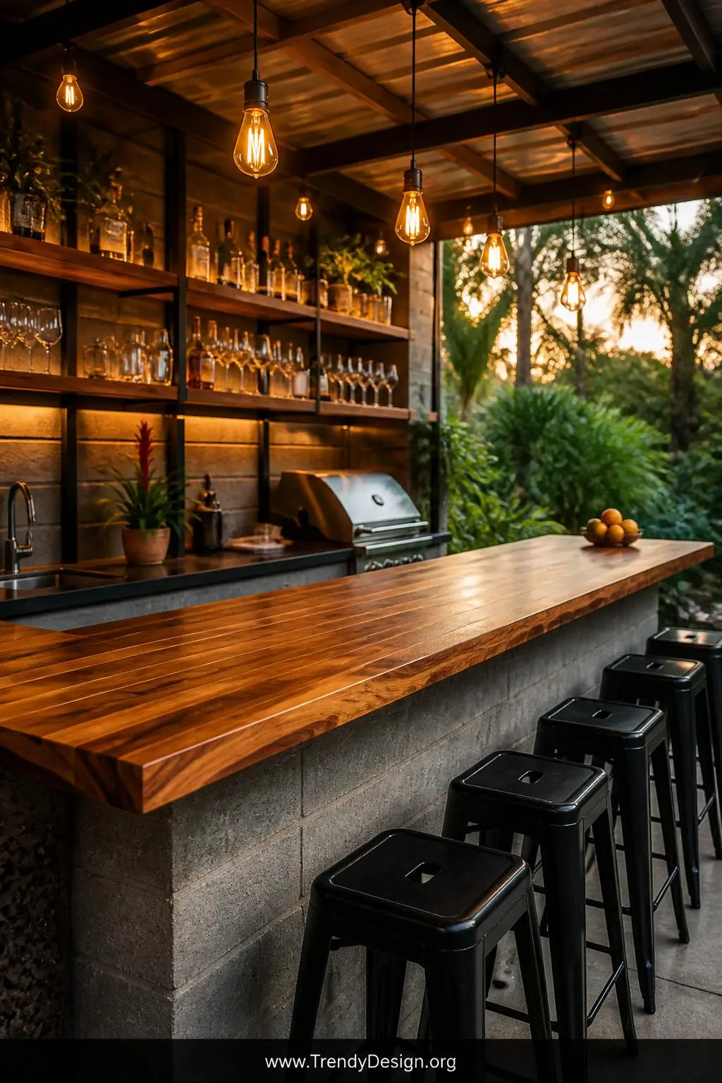 Wide-angle photorealistic interior design shot of a covered outdoor kitchen and bar featuring a richly oiled teak butcher blo