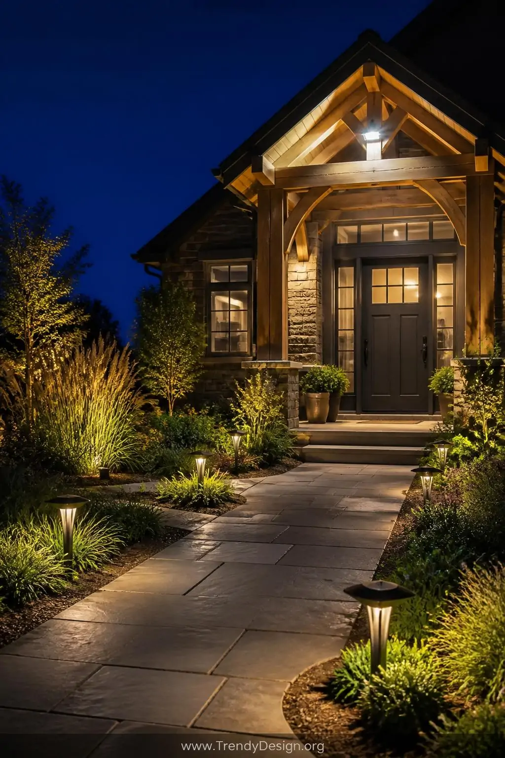 Wide shot of a beautifully landscaped home exterior at dusk where warm solar-powered LED path lights line a flagstone walkway