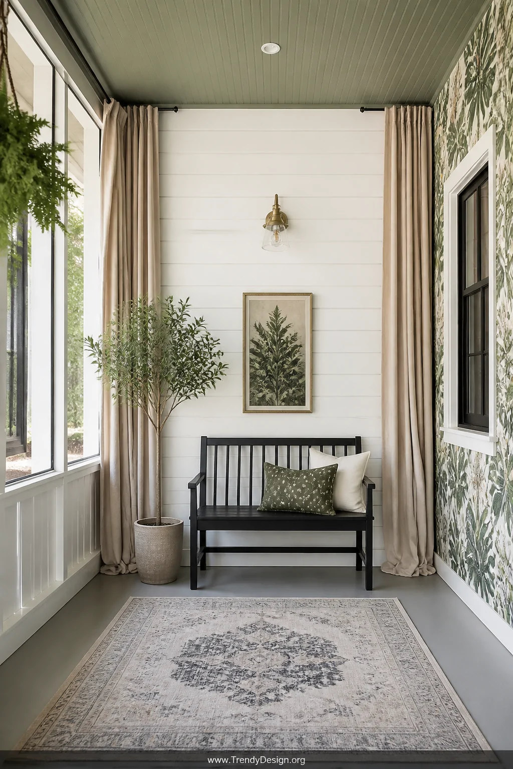 Wide photorealistic shot of an enclosed front porch accent wall clad in crisp white horizontal shiplap paneling, flanked by f