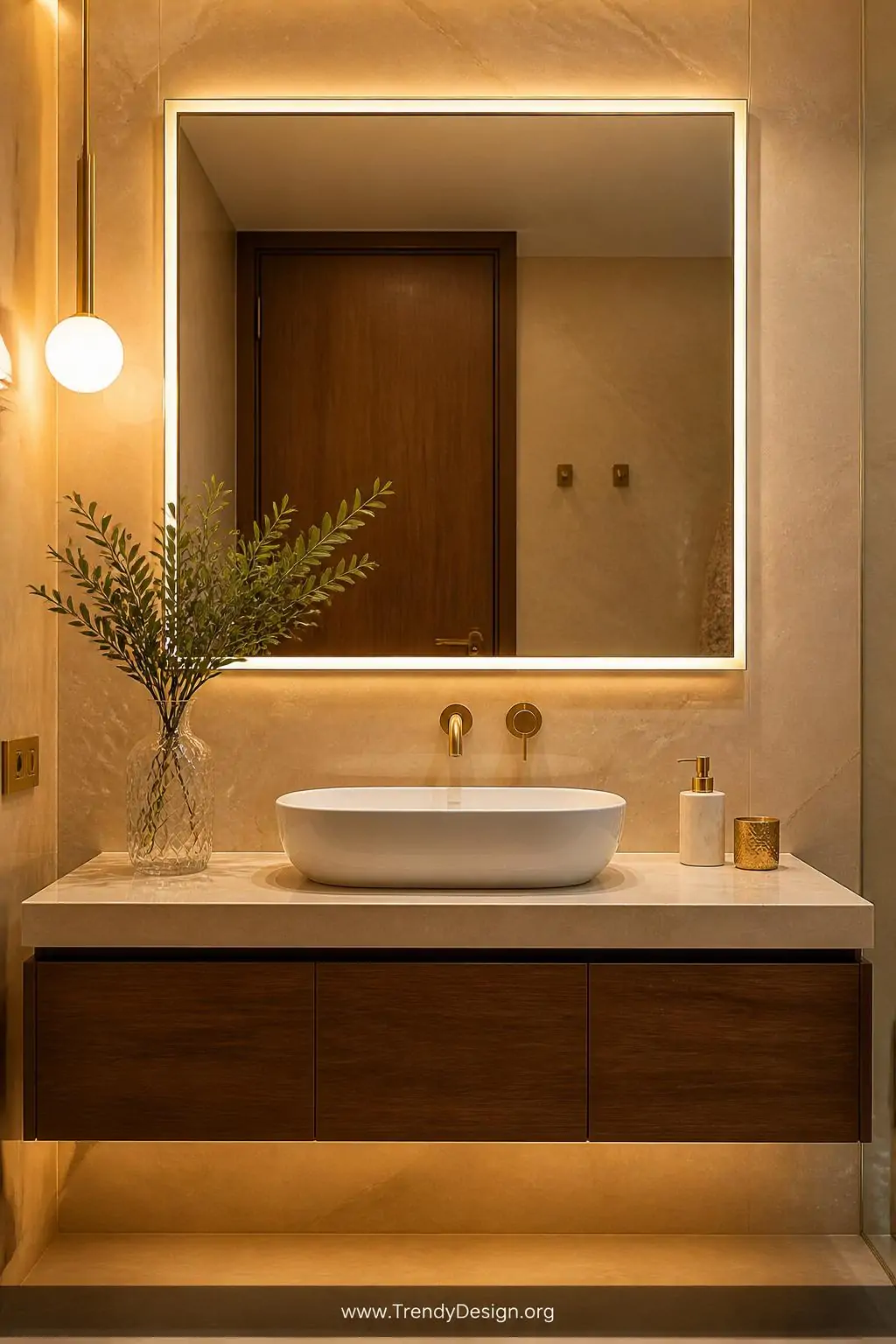 Medium shot of a sleek bathroom vanity with a large rectangular mirror framed by warm white rope lights creating even flatter