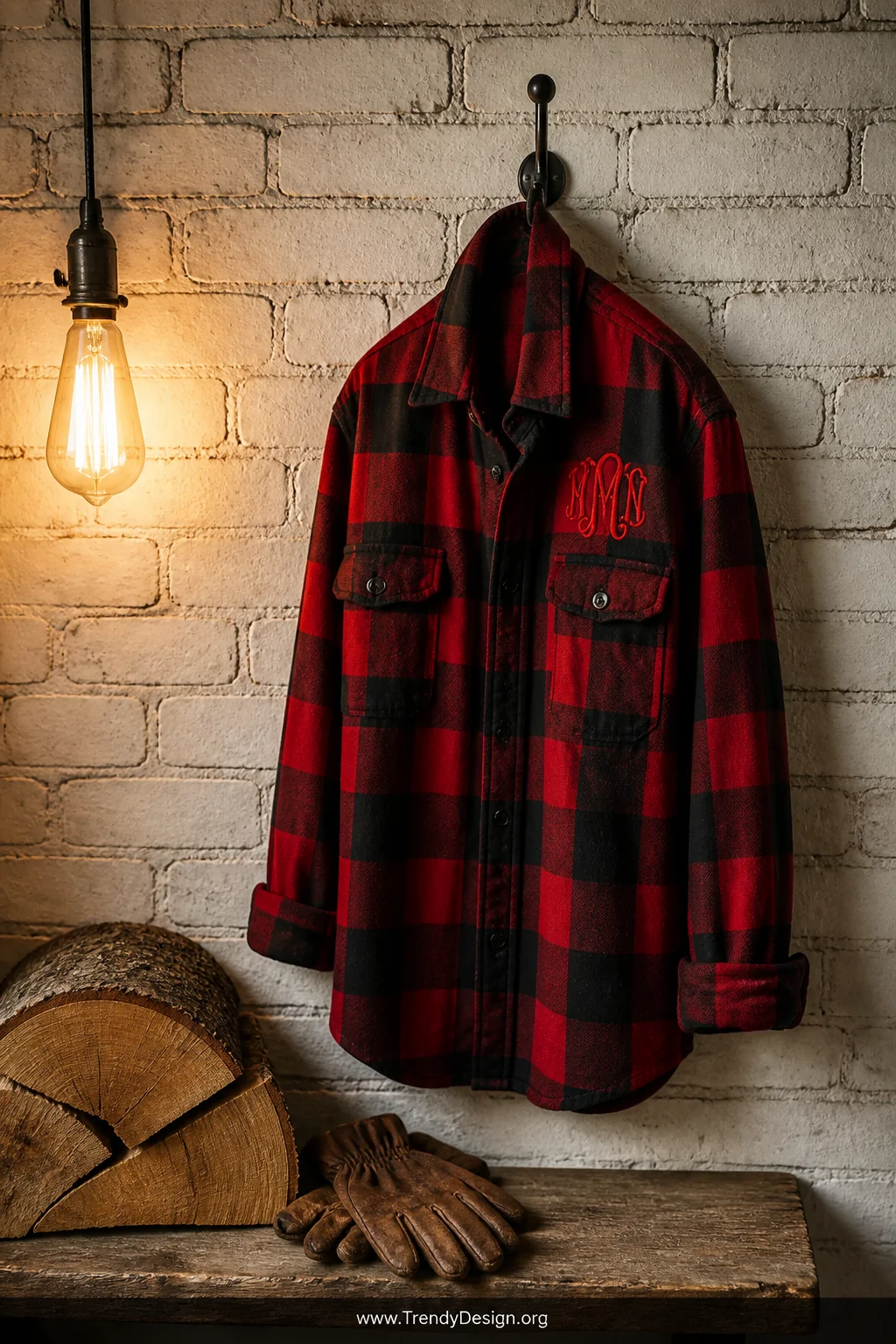 A medium wide shot of a red and black plaid flannel shirt hung on a raw iron hook against a whitewashed brick wall, a bold mo