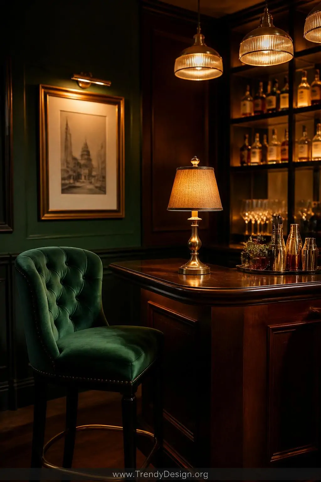 A medium photorealistic shot of a home bar lounge corner featuring a small antique brass candlestick table lamp with a deep a