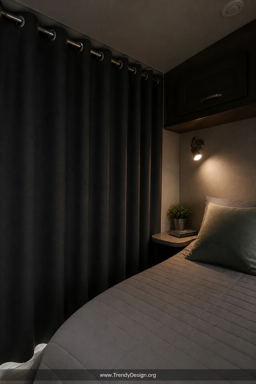 Medium interior shot of a pop-up camper bedroom corner featuring floor-to-ceiling deep charcoal triple-weave blackout curtain