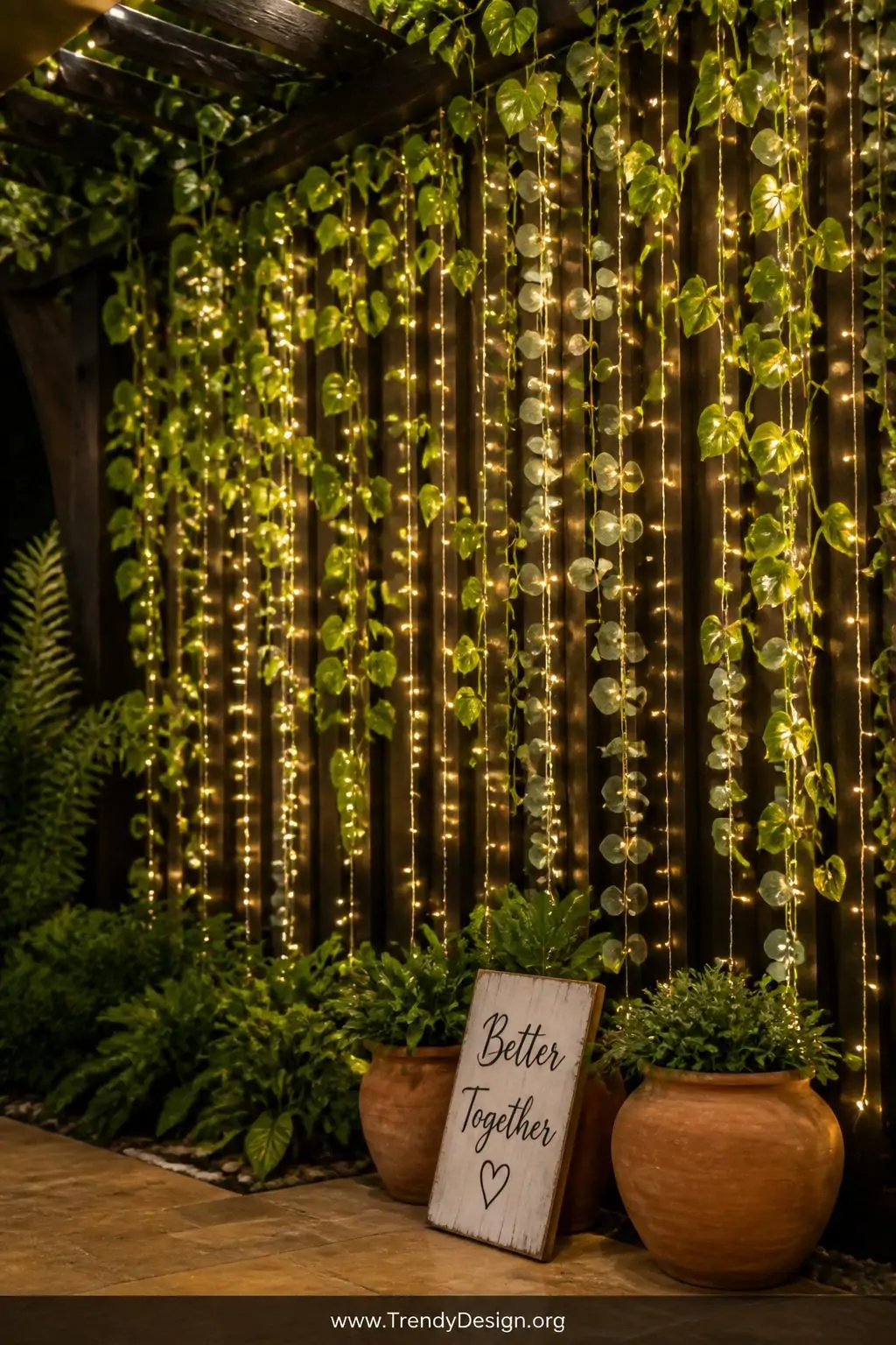 Closeup photorealistic shot of a cascading vertical string light curtain backdrop draped against a dark stained pergola beam,