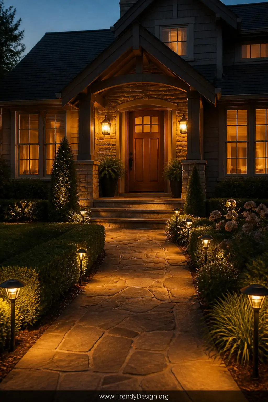 Wide-angle photorealistic exterior shot of a residential home at dusk, warm amber motion sensor wall sconces flanking a craft