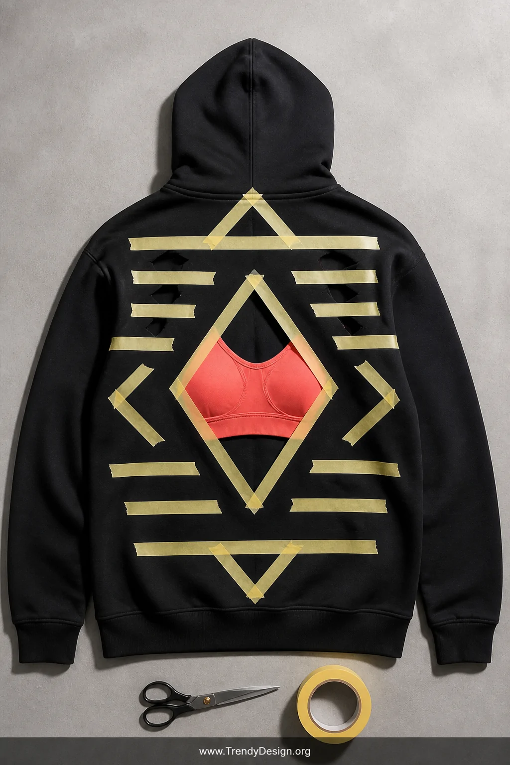A medium-close back-facing shot of a black hoodie laid perfectly flat on a smooth concrete grey surface, geometric diamond an