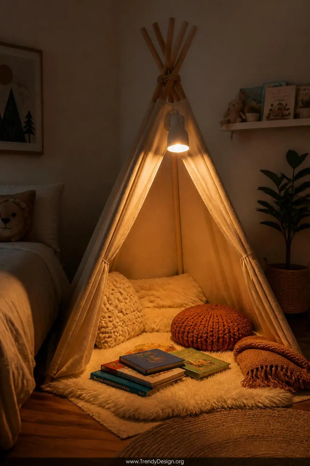 Medium photorealistic interior shot of a cozy children's reading nook inside a small teepee tent in the corner of a bedroom, 
