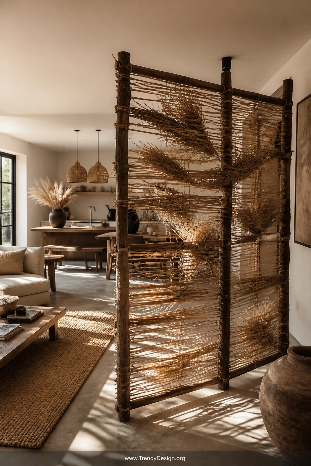 An organic woven stick room divider standing in a sun-drenched open-plan living space, built from thick dark-stained branch f