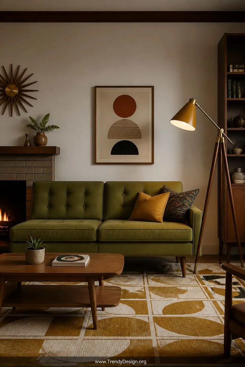 A classic mid-century modern floor lamp with tapered walnut legs, an angled brass arm, and a deep mustard yellow cone shade s