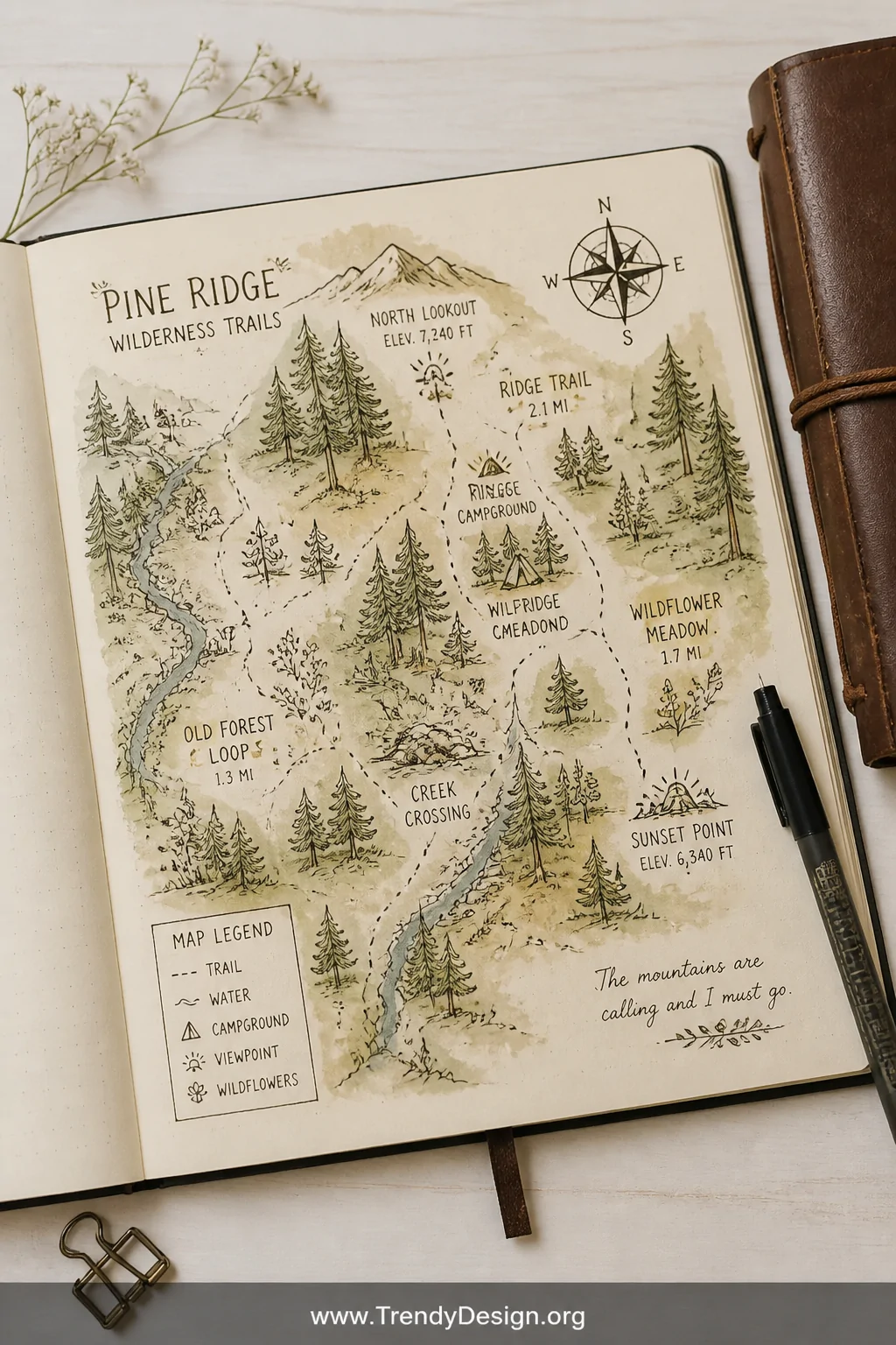 A wide overhead flat lay of a scrapbook layout spread across a pale birch desk featuring a charming hand-drawn trail map in f