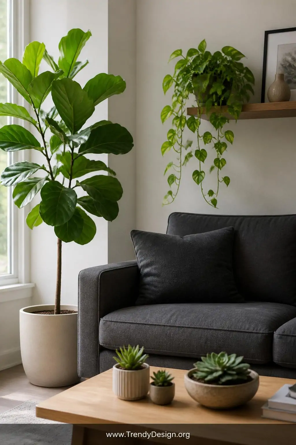 Medium photorealistic interior shot of a neutral living room featuring a dark grey sofa beside a sunlit window where a tall f