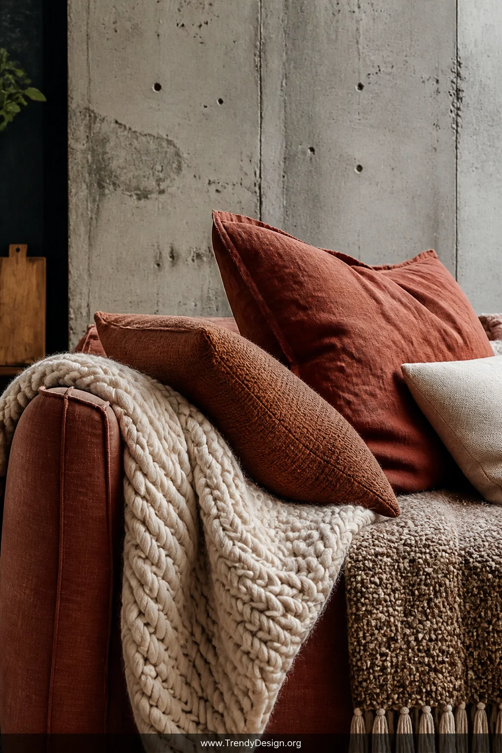 Close-up photorealistic detail shot of a layered textile arrangement on a loft sofa, featuring a chunky cream knit throw casu
