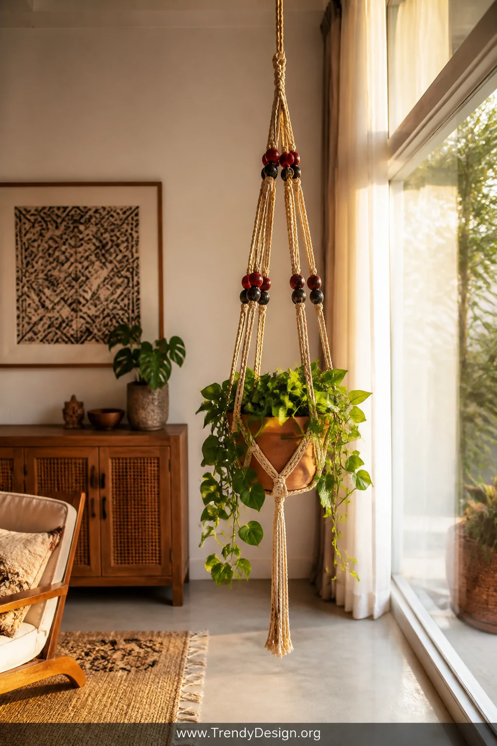 A bright bohemian interior corner showcasing a handmade macramé plant hanger suspended near a floor-to-ceiling sunlit window,