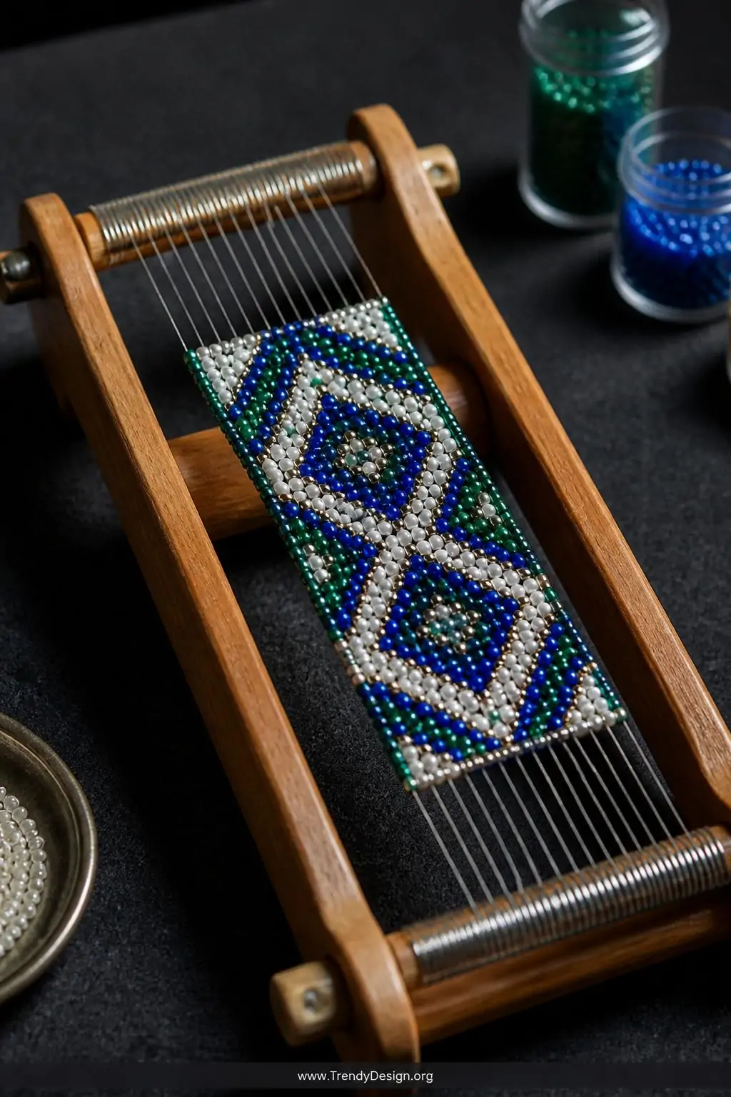 A closeup shot focuses on a small wooden bead loom resting on a dark charcoal felt surface, rows of jewel-toned seed beads in