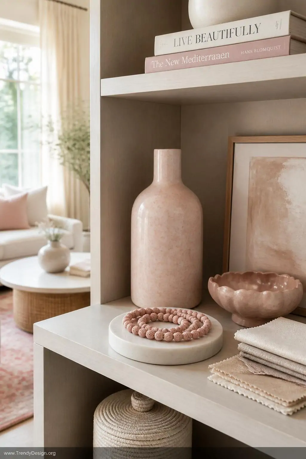 Medium shot of a bright airy living room shelf styled with dusty blush ceramics, neutral cream linen fabric swatches, and a s