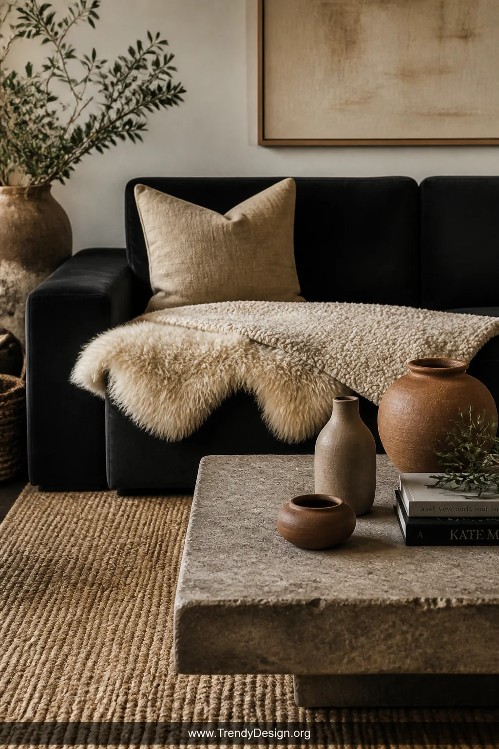 Detail and medium closeup of an organic modern living room vignette showing a black sofa's corner styled with a natural linen