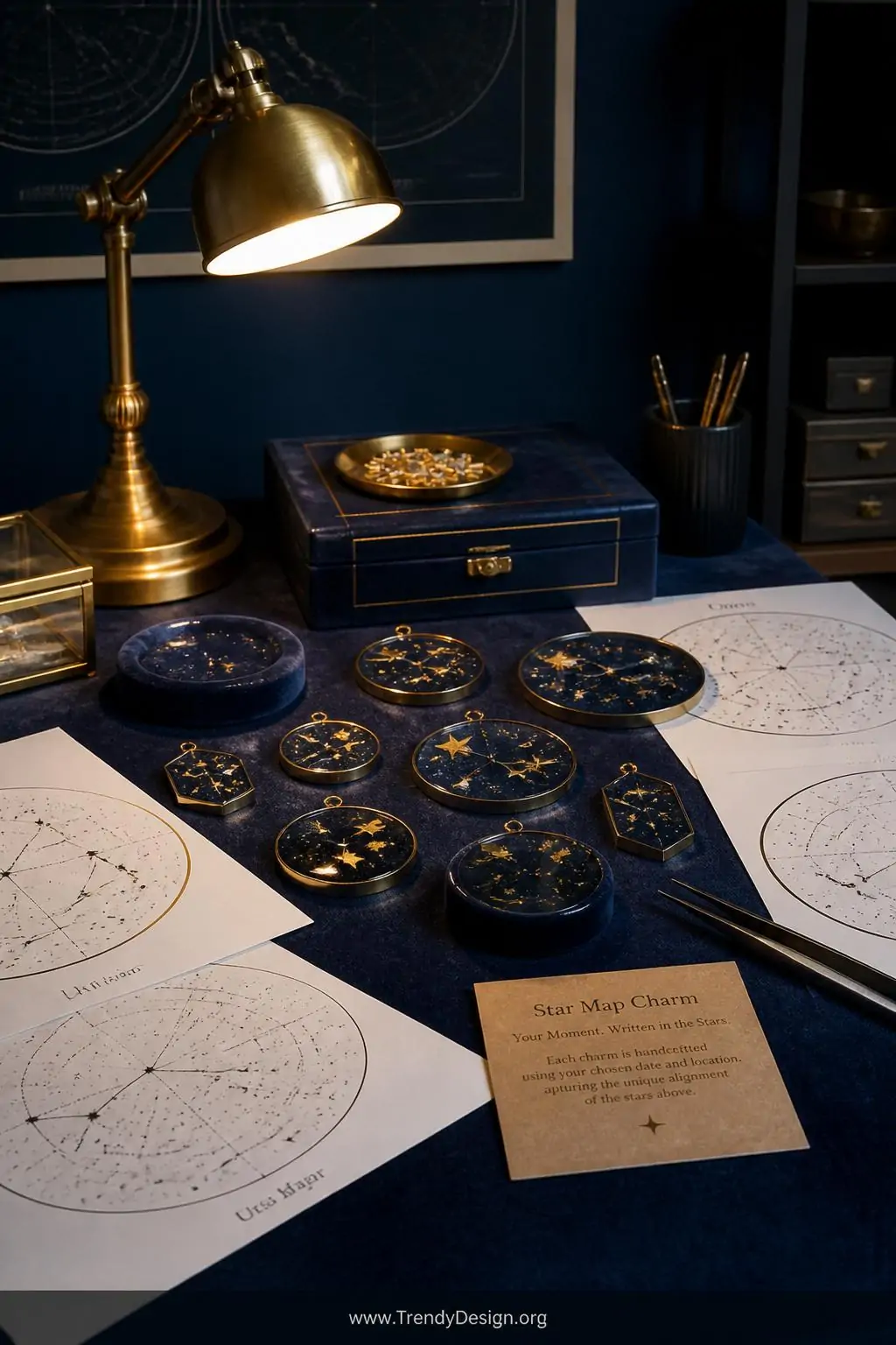 A wide shot of a moody midnight-blue velvet-topped jewelry workspace where completed star map resin charms in deep navy and b