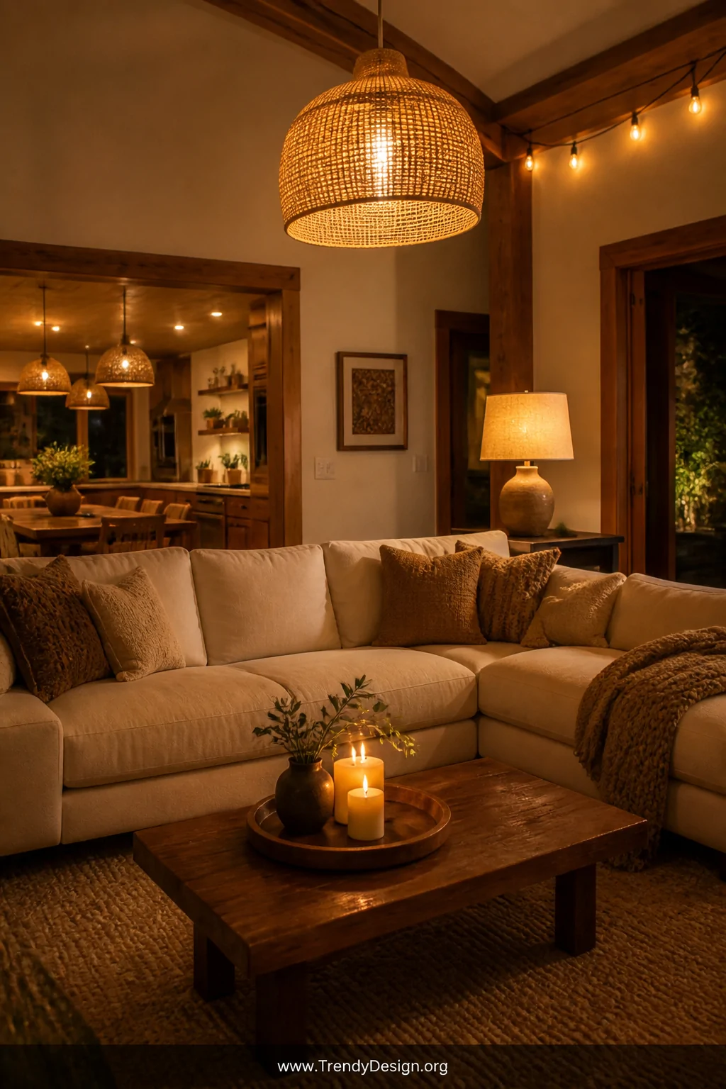 Wide photorealistic interior shot of a golden-hour-lit living room glowing entirely from layered warm light sources including