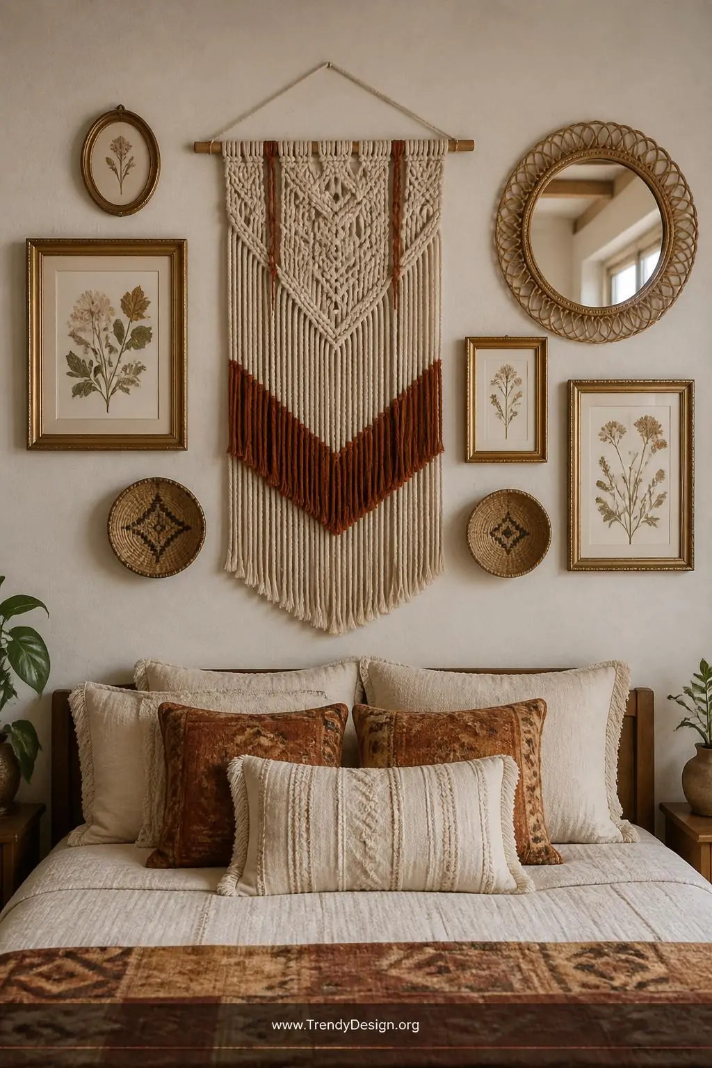 Medium photorealistic shot of a curated boho bedroom gallery wall above a bed, featuring a large cream and rust macramé wall 