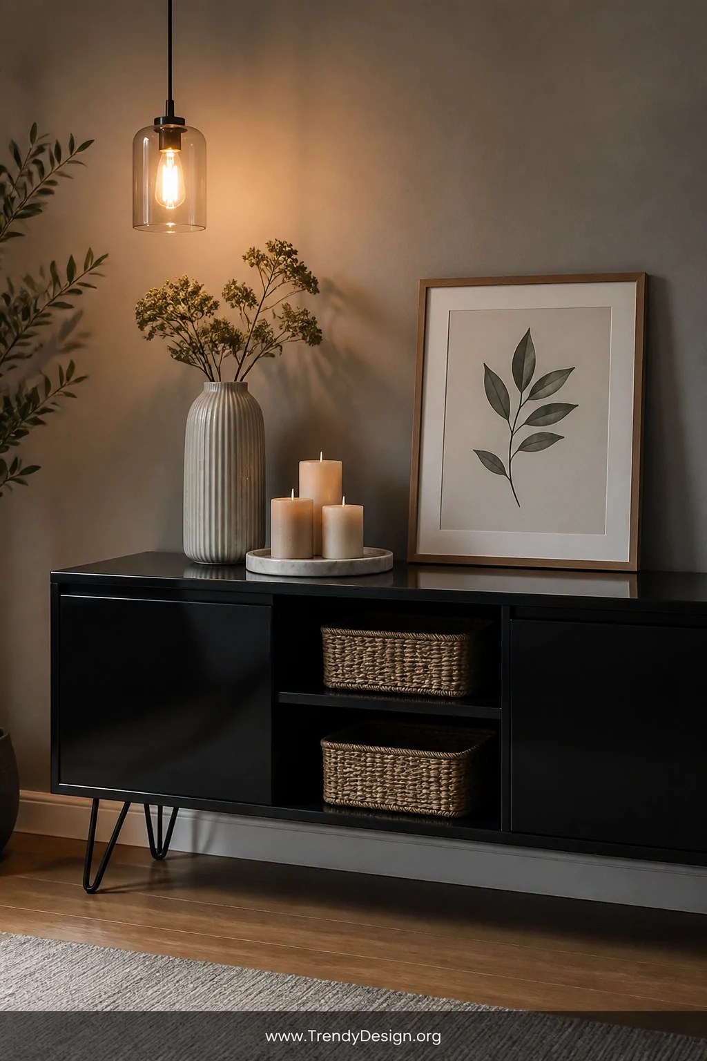 Medium photorealistic interior shot of a polished black sideboard with hairpin legs against a warm greige wall, top surface s