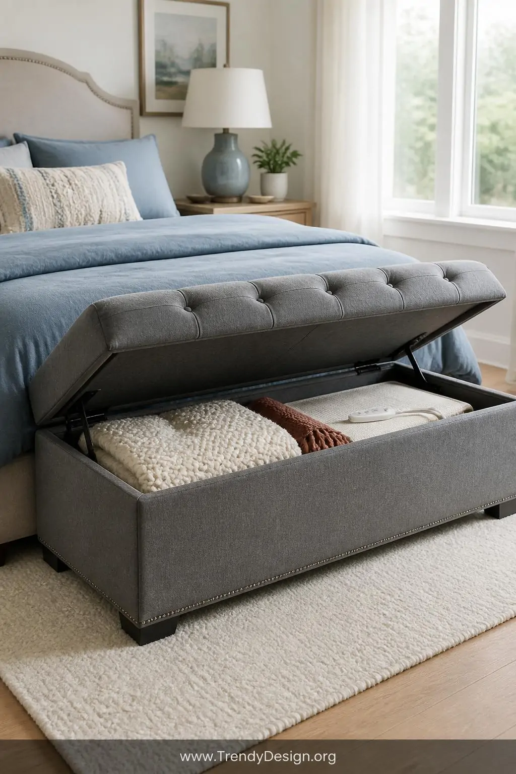 Medium photorealistic interior design shot of a small bedroom foot-of-bed area featuring a large tufted stone-gray linen stor