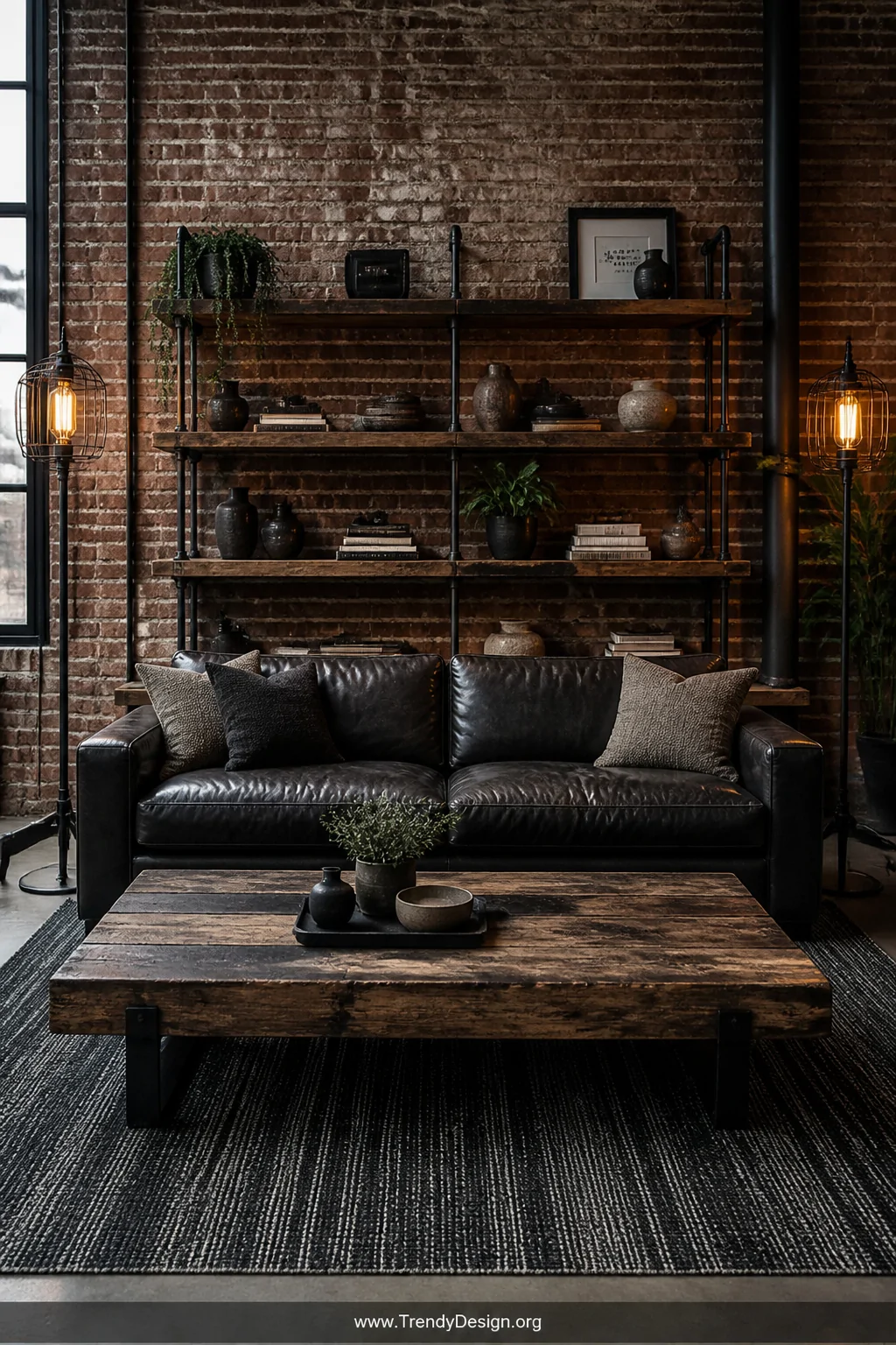 Wide shot of an industrial loft living room with a black leather sofa positioned in front of an exposed red brick wall, a rec