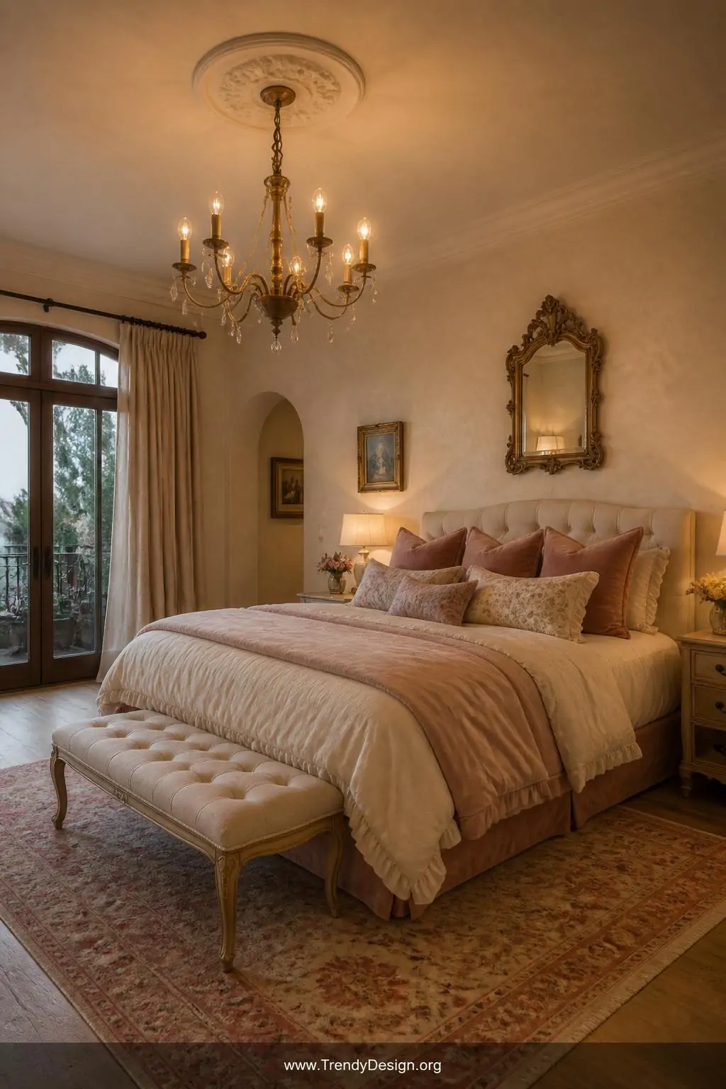 A wide-shot photorealistic interior design photograph of an elegantly appointed romantic bedroom anchored by a small ornate v