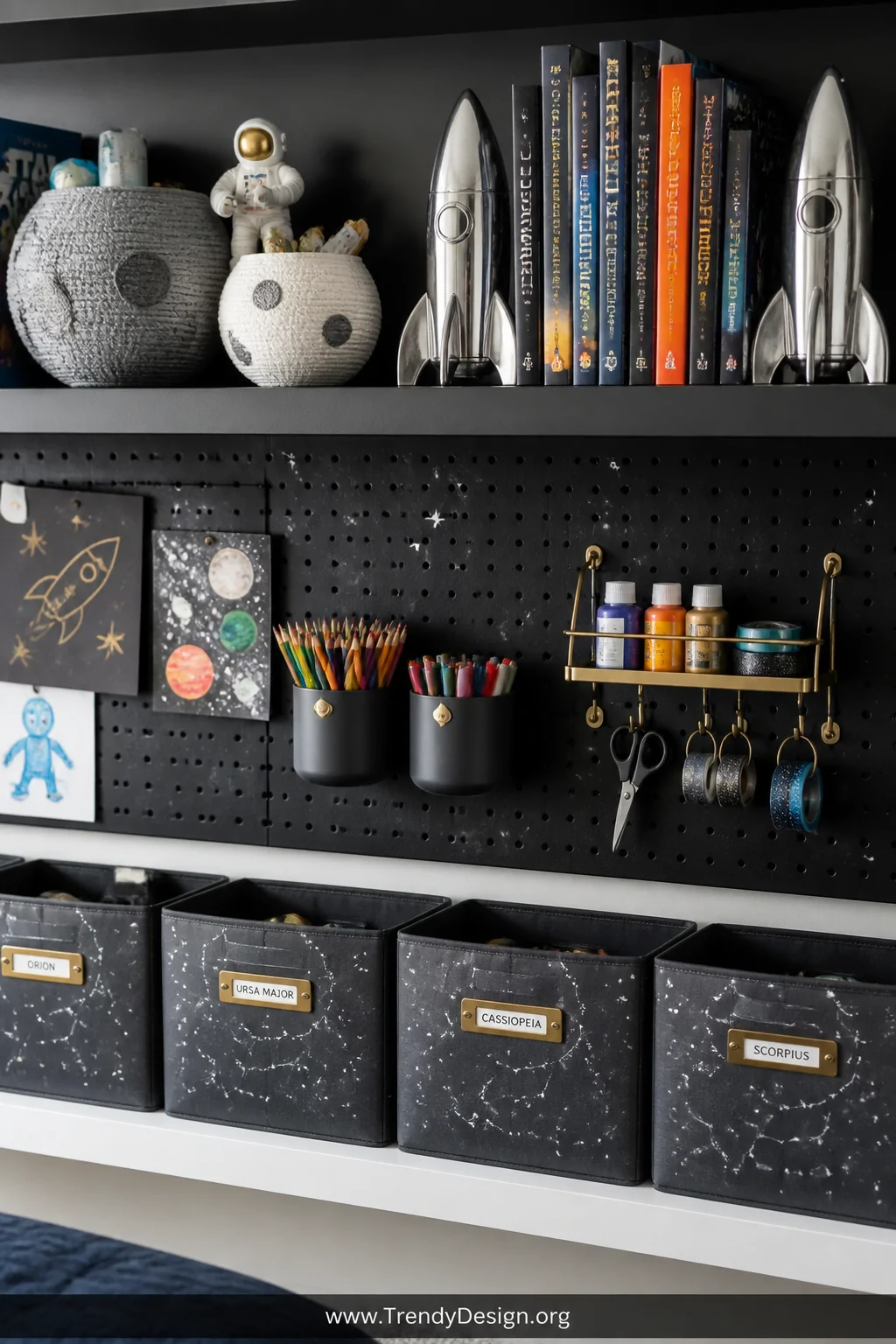 Detail photorealistic closeup shot of a well-organized boys bedroom shelf and storage wall, rocket-shaped silver bookends fla