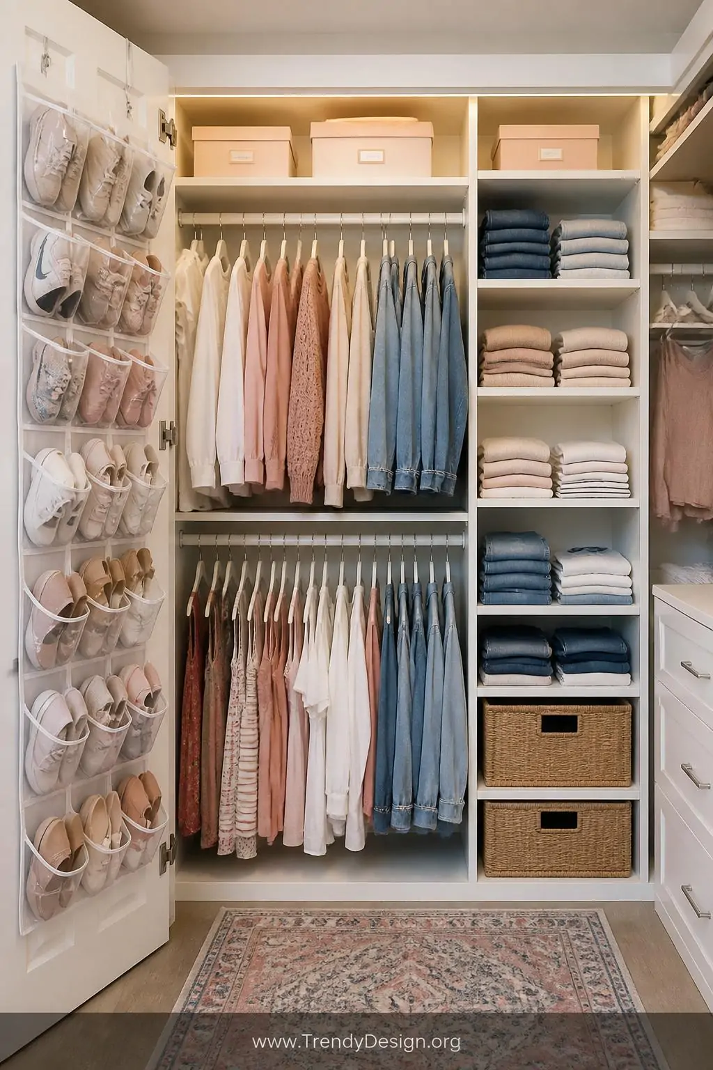 A photorealistic wide-angle shot inside an open modular closet system in matte white with mixed hanging rails at two heights,