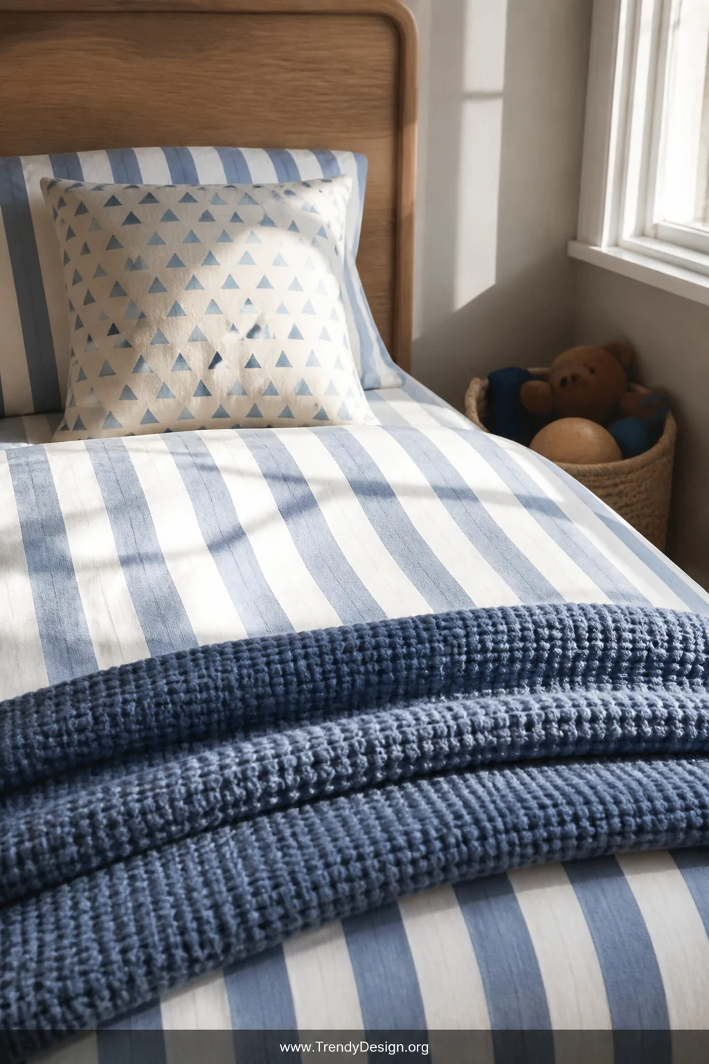Close-up detail photorealistic shot of a neatly made toddler bed styled with crisp vertical stripe bedding in white and soft 