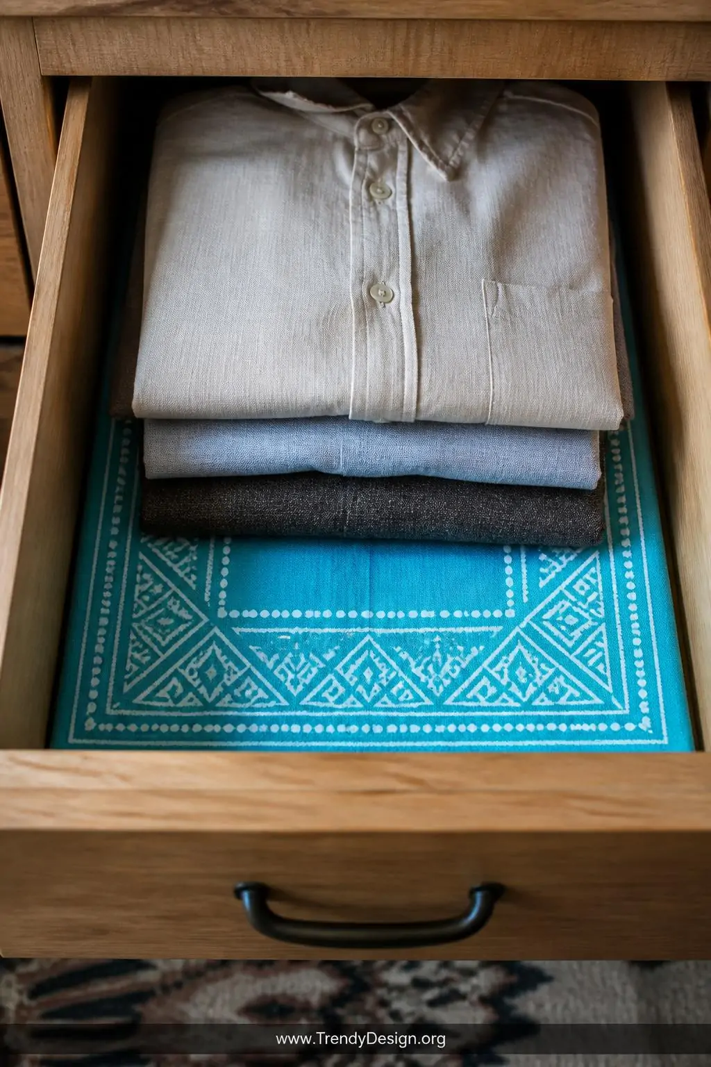 Closeup shot looking directly into an open wooden dresser drawer lined with a neatly folded bandana in vivid turquoise and wh