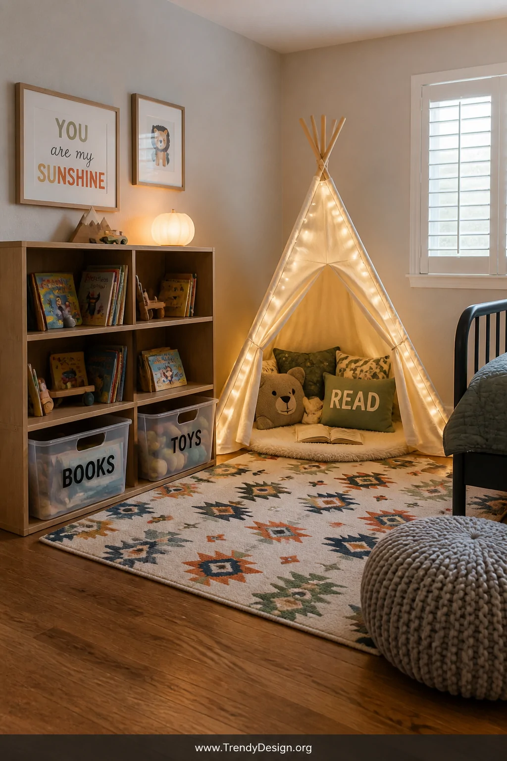 Medium photorealistic interior shot of a defined play zone within a small toddler boy's bedroom, featuring a low natural wood