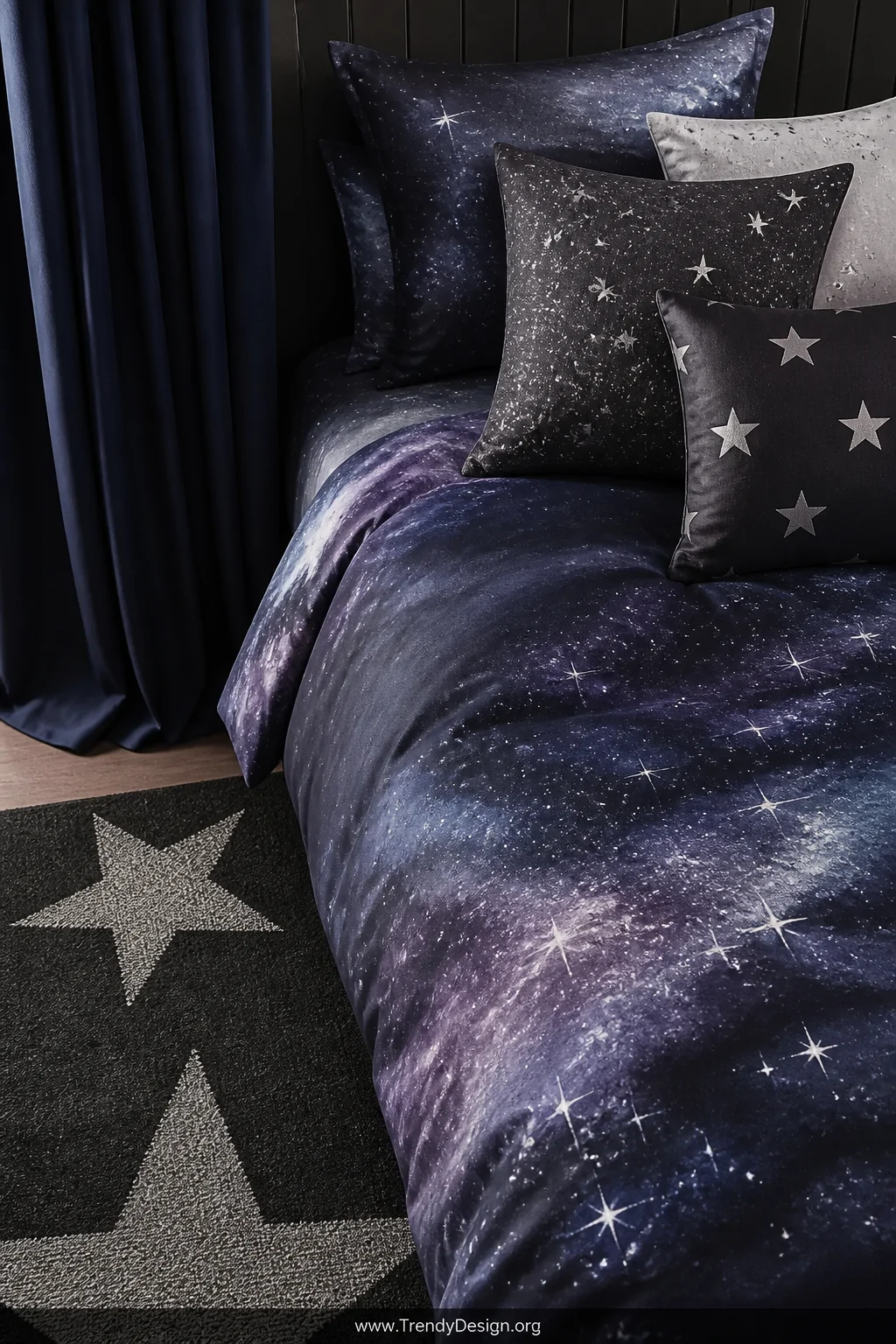 Close-up photorealistic detail shot of a layered kids bed styling with a rich galaxy-print duvet in deep navy, purple, and si