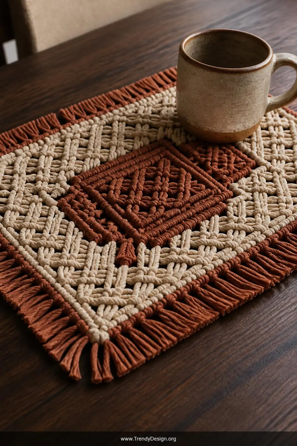 Closeup shot of a macramé-style knotted cotton cord placemat in natural cream and terracotta dyed tones displayed on a dark w