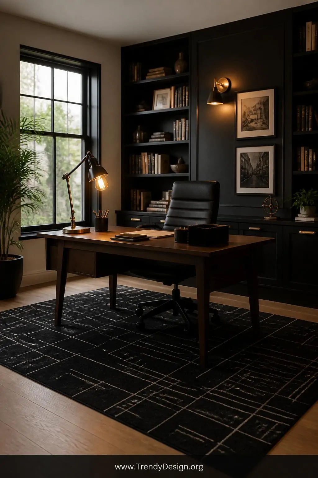 A medium photorealistic home office interior anchored by a structured black rug with a subtle abstract geometric pattern bene