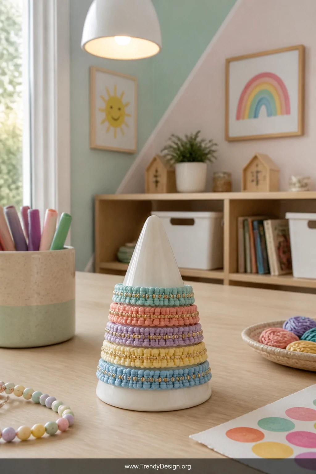 A medium shot of a light-filled children's craft corner with a pale birch table, pastel painted walls, and soft overhead pend