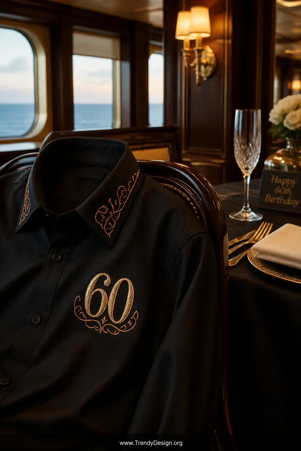 A closeup photorealistic interior design scene of a luxury cruise ship formal dinner table corner styled for an elegant 60th 