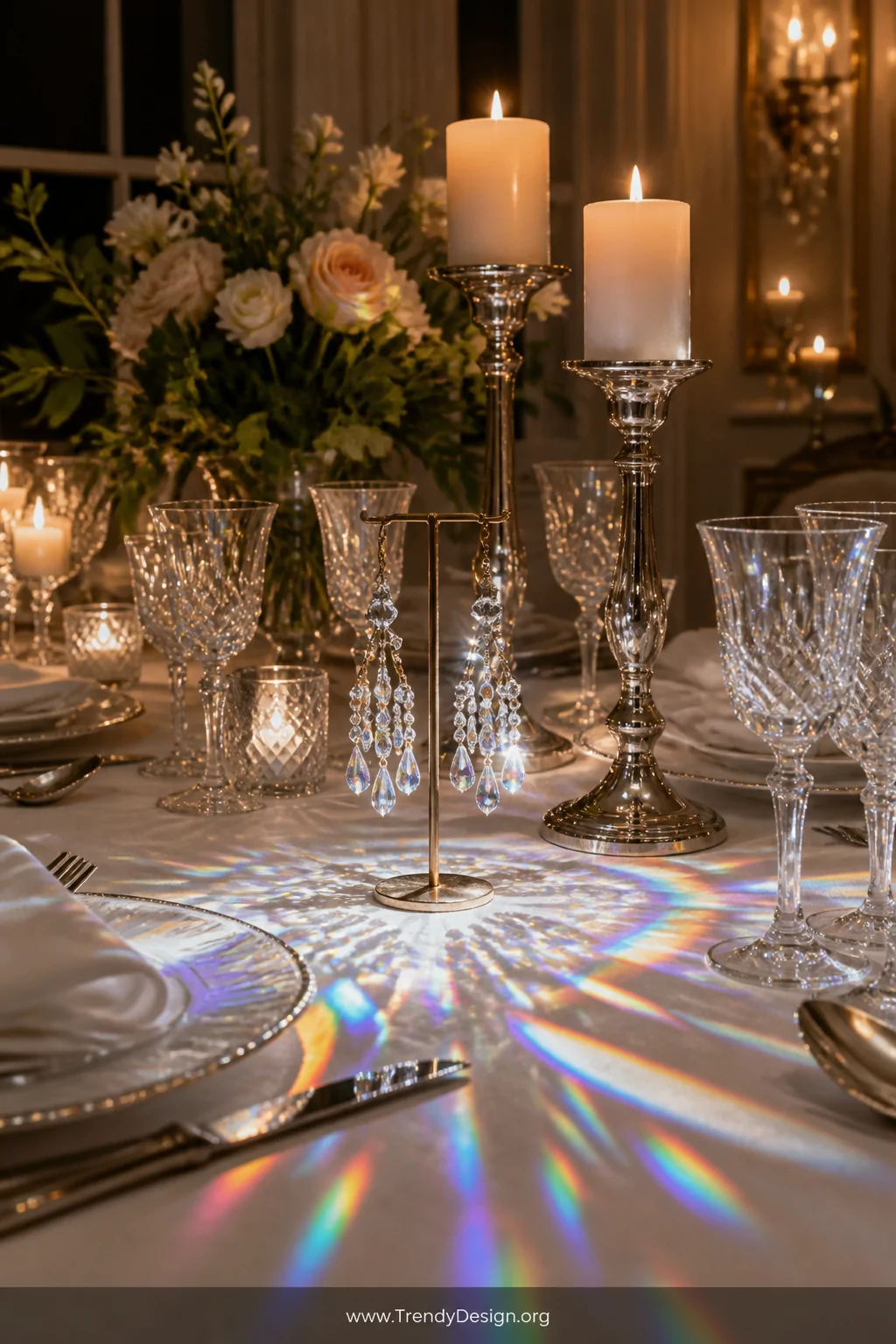 A wide shot of an elegant candlelit dinner table vignette with a white linen tablecloth, crystal glassware, and flickering pi