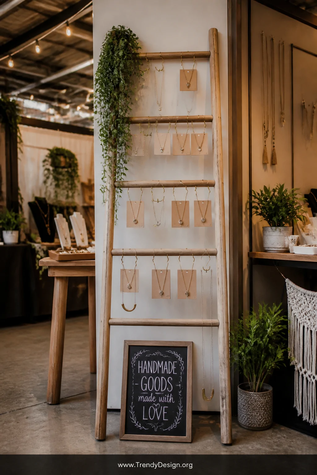 Wide room shot of a small decorative wooden blanket ladder leaning against the back of a craft show booth, necklaces draped o