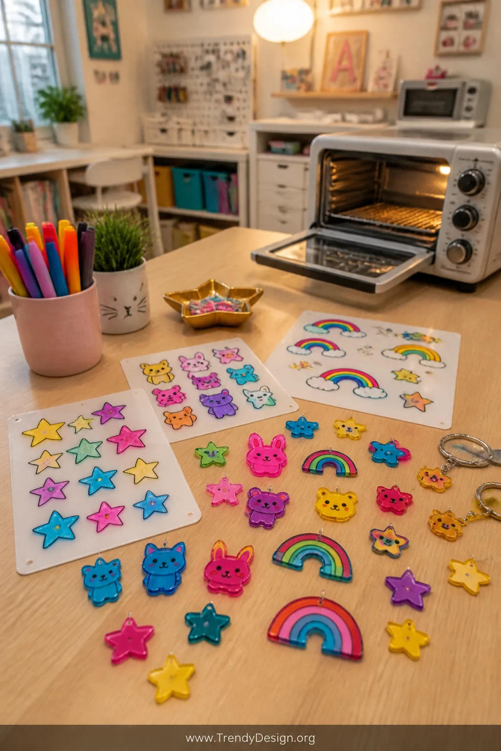 A bright playful craft room table with shrink plastic keychain sheets covered in vibrant permanent marker illustrations of st