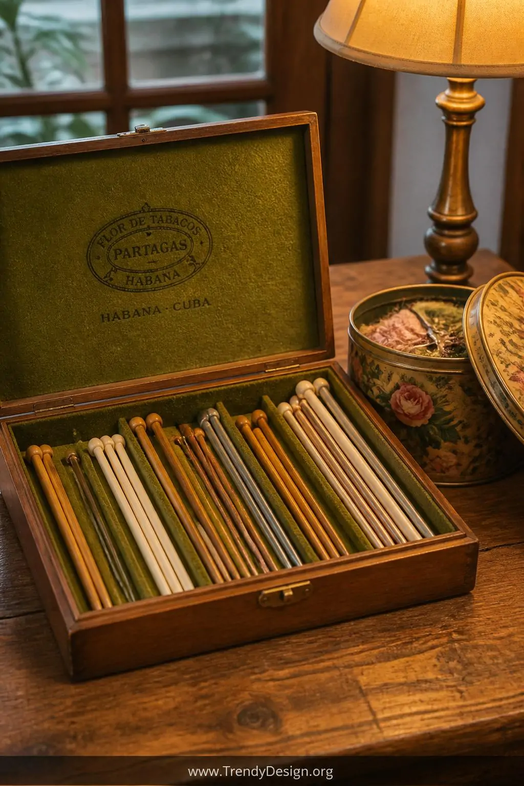A medium-shot photorealistic image of a charming cottage-style craft table where an open vintage wooden cigar box lined with 