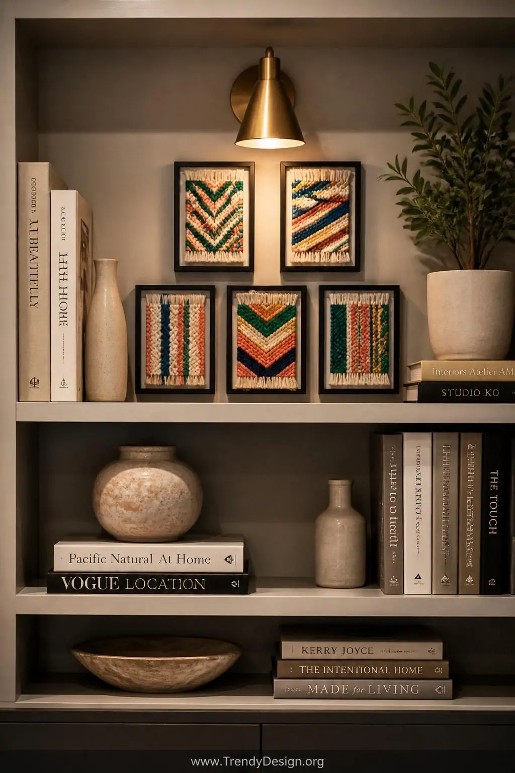 Medium shot of a styled open bookshelf with five small matching thin black frames arranged in a tight gallery cluster, each f