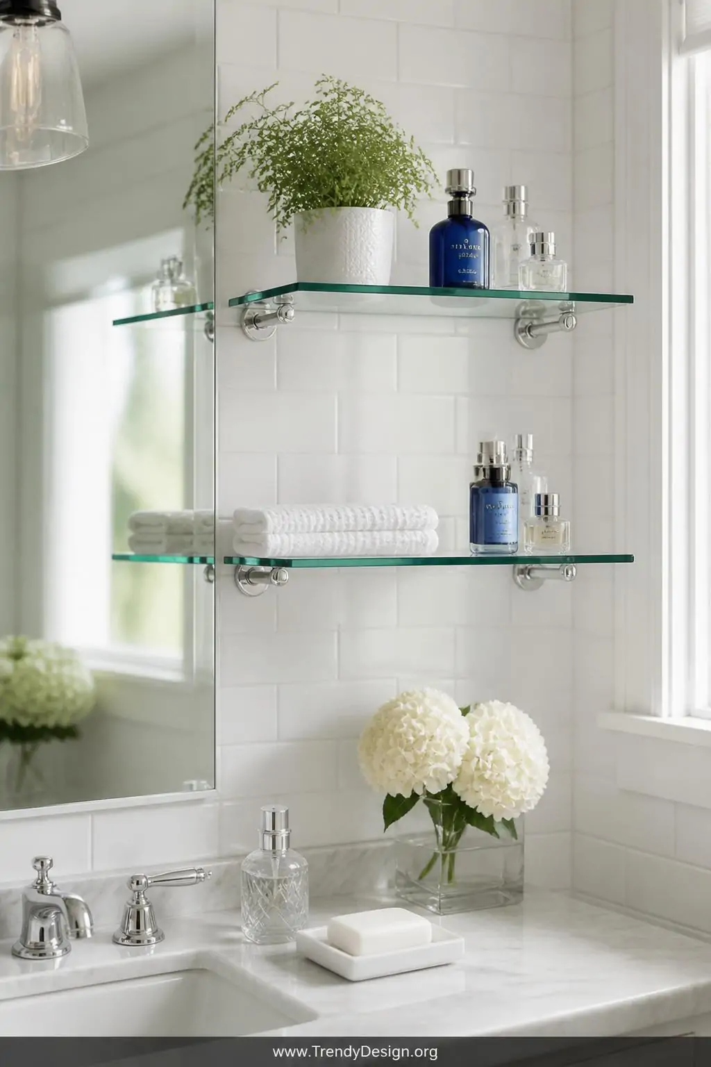 A medium-shot photorealistic interior design image of a compact bright bathroom with a large frameless mirror and white subwa