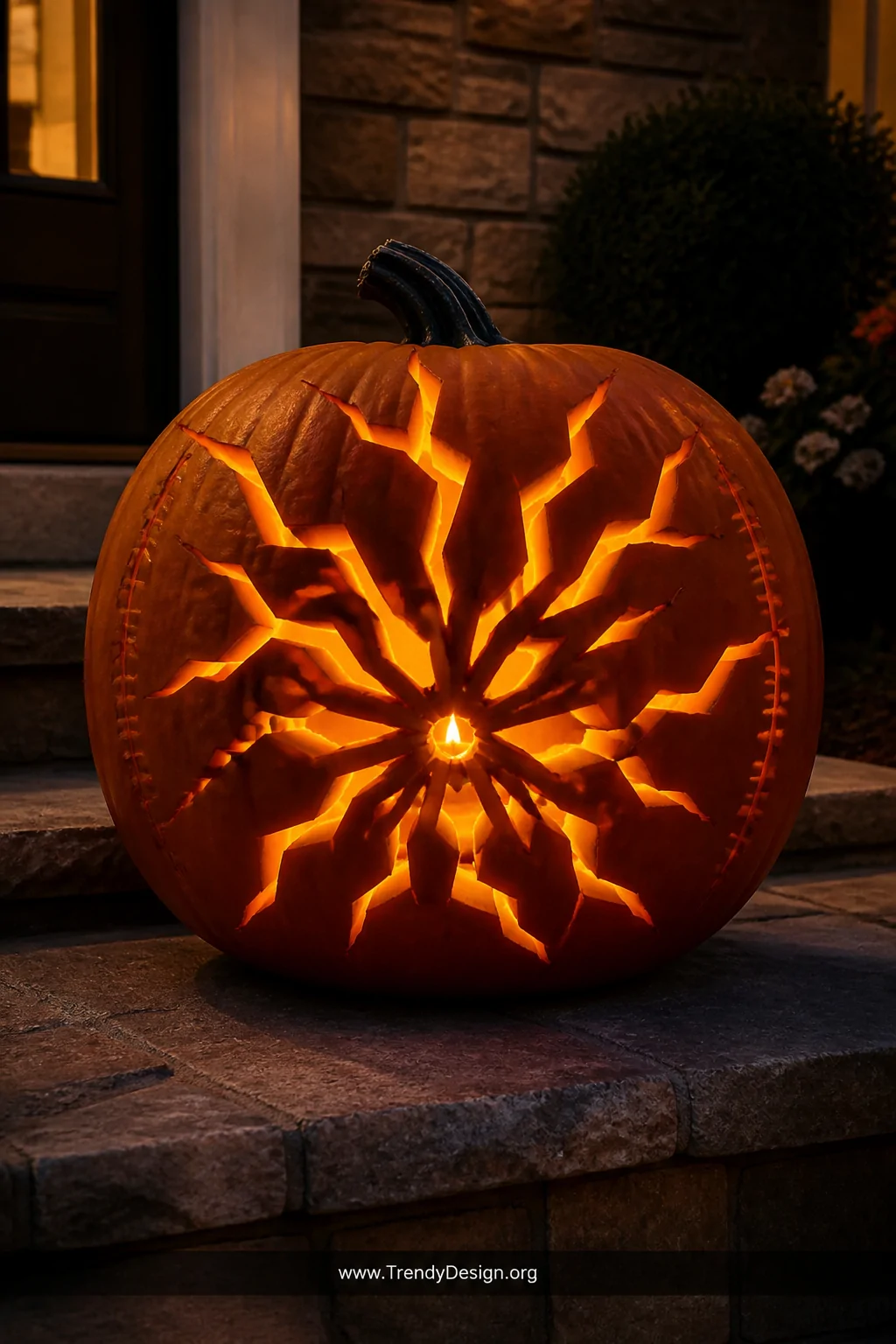A dramatic nighttime closeup of a deep orange pumpkin on a stone front step, jagged irregular crack lines radiating outward f